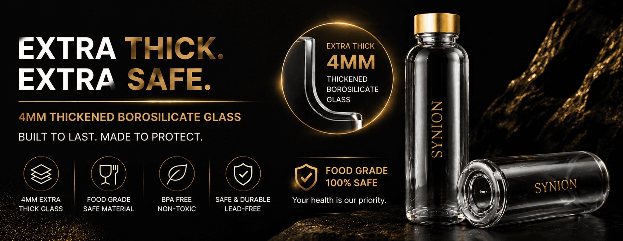 Premium glass water bottles on black stone surface with gold lighting